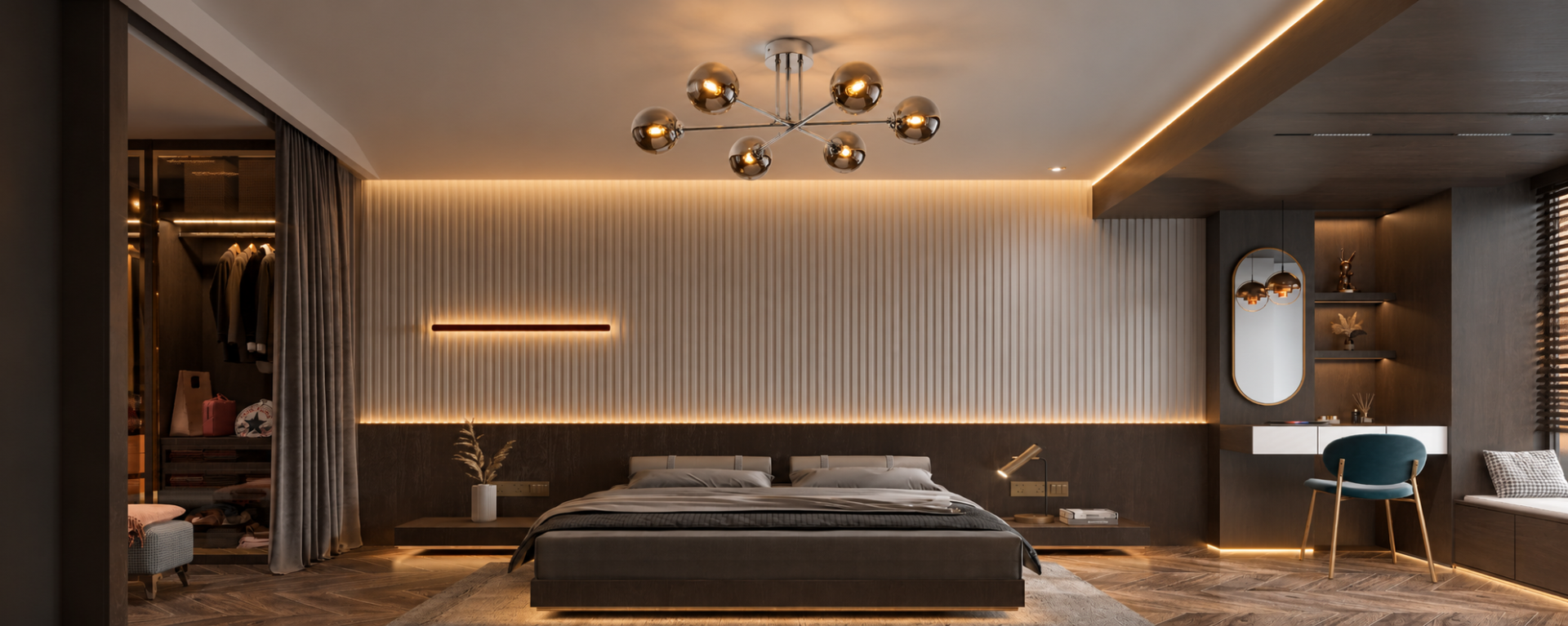 Chrome and smoked-glass ceiling light in a contemporary bedroom
