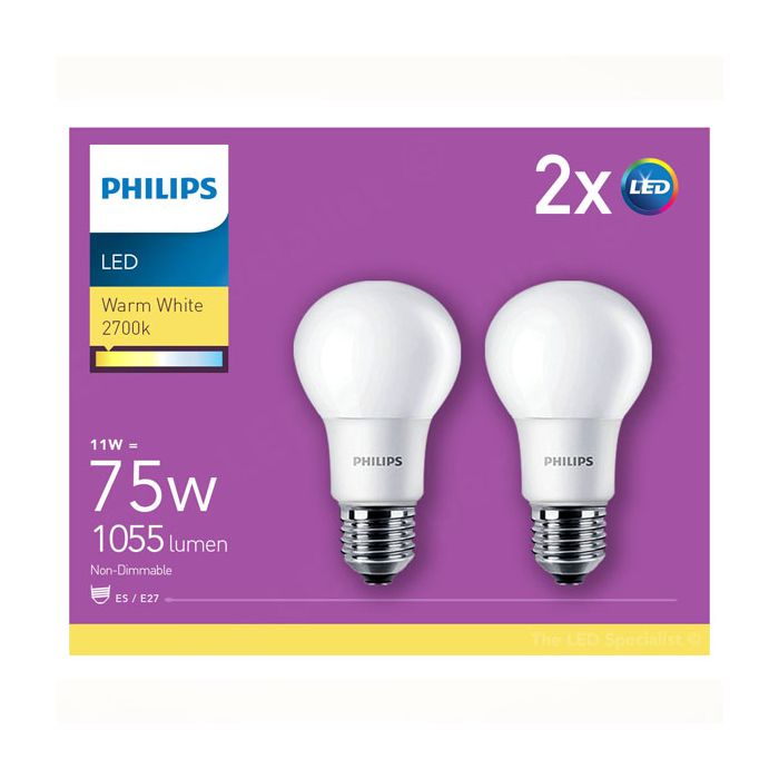 2 Pack Philips CorePro LEDbulb ND 11-75W A60 E27 827