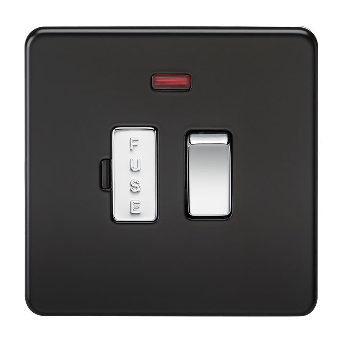 MLA Screwless 13A Switched Fused Spur Unit with Neon - Matt Black With Chrome Rocker