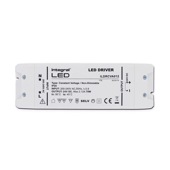 Integral 75W Constant Voltage LED Driver, 200-240VAC to 24VDC, Non-Dimmable