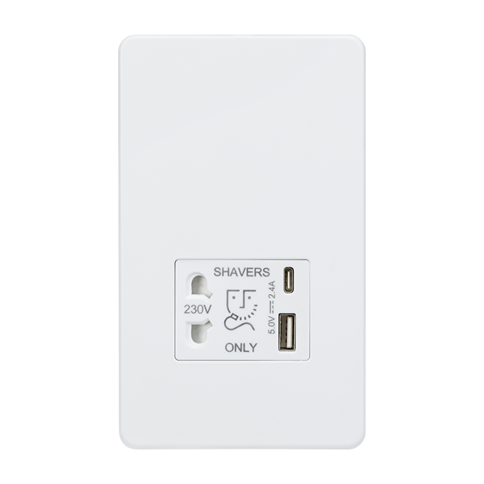 MLA Knightsbridge 230V White Shave Socket with Dual USB A + C 