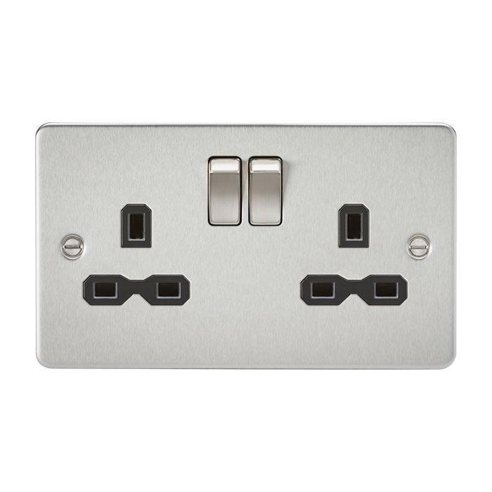 MLA-Knightsbridge Flat Plate Socket 2 Gang  Brushed Chrome  with Black Insert