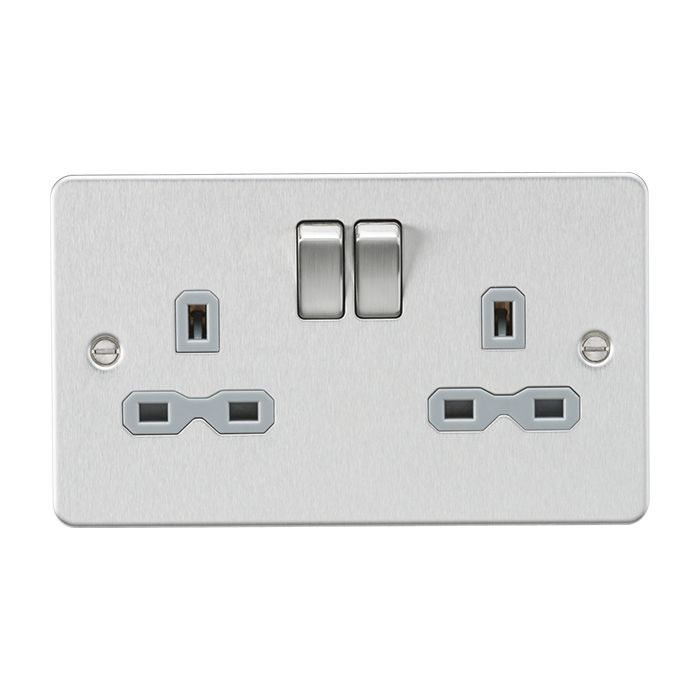 MLA-Knightsbridge Flat Plate Socket 2 Gang  Brushed Chrome  with Grey Insert 