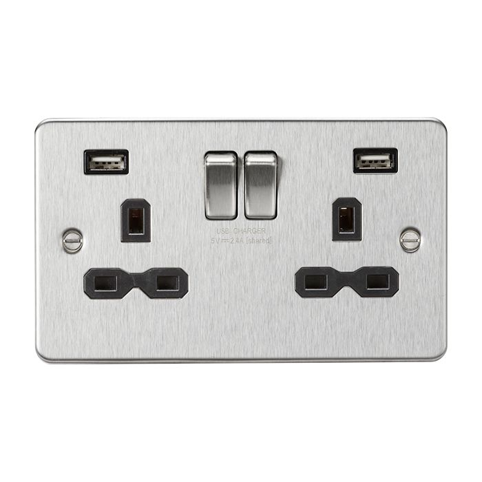 MLA-Knightsbridge Flat Plate Socket 2 Gang Dual USB Charger (2.4A) Brushed Chrome  with Black Insert