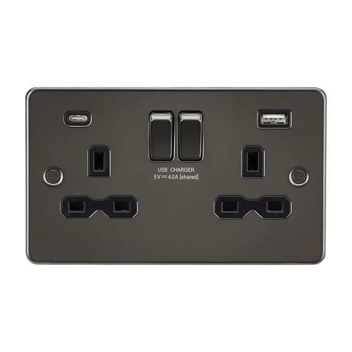 MLA-Knightsbridge Flat Plate Socket 2 Gang Dual USB A + C Charger Gunmetal  with Black Insert