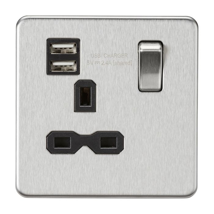 MLA-Knightsbridge Screwless Socket 1 Gang Dual USB Charger (2.4A) Brushed Chrome  with Black Insert 