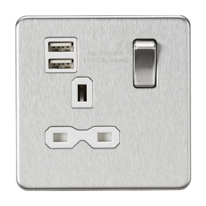 MLA-Knightsbridge Screwless Socket 1 Gang Dual USB Charger (2.4A) Brushed Chrome  with White Insert 