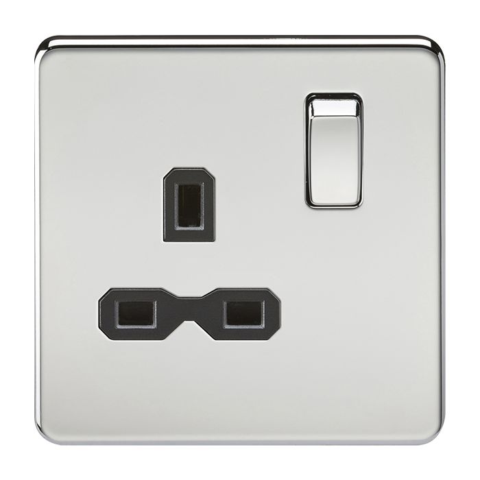 MLA-Knightsbridge Screwless Socket 1 Gang  Polished Chrome  with Black Insert 