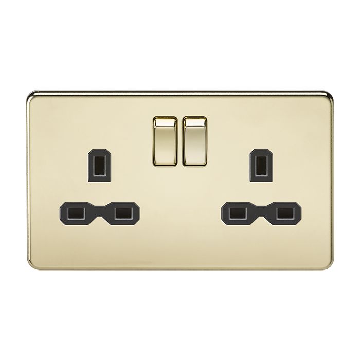 MLA-Knightsbridge Screwless Socket 2 Gang  Polished Brass  with Black Insert