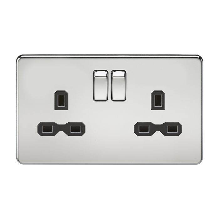 MLA-Knightsbridge Screwless Socket 2 Gang  Polished Chrome with Black Insert