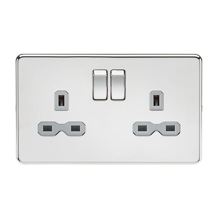MLA-Knightsbridge Screwless Socket 2 Gang  Polished Chrome  with Grey Insert