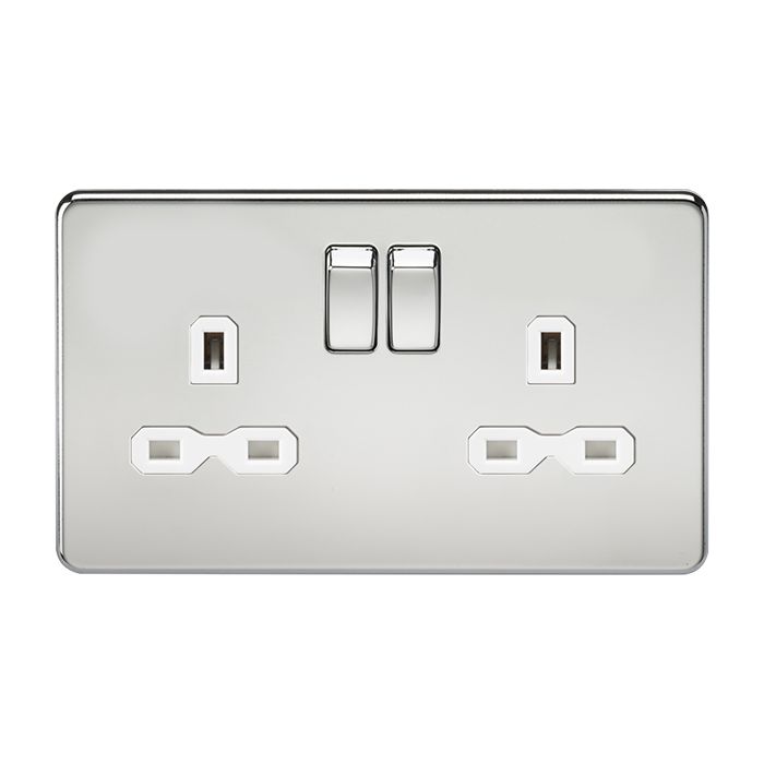 MLA-Knightsbridge Screwless Socket 2 Gang  Polished Chrome  with White Insert 
