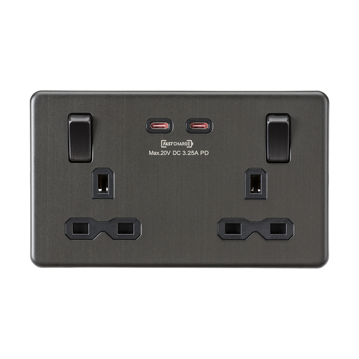 MLA Knightsbridge Smoked Bronze Double Socket with Dual Fastcharge USB-C Black Inserts