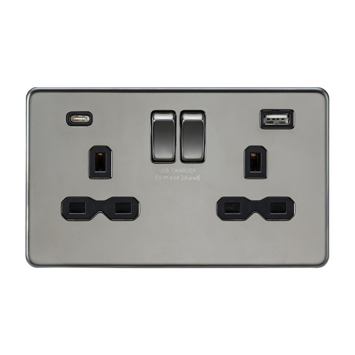 MLA-Knightsbridge Socket 2 Gang Dual USB A + C Charger Black Nickel  with Black Insert