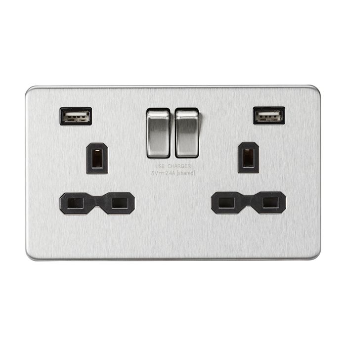 MLA-Knightsbridge Socket 2 Gang Dual USB Charger (2.4A) Brushed Chrome with Black Insert