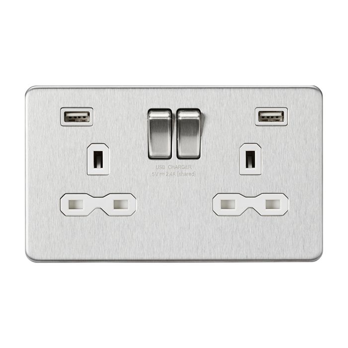 MLA-Knightsbridge Socket 2 Gang Dual USB Charger (2.4A) Brushed Chrome  with White Insert