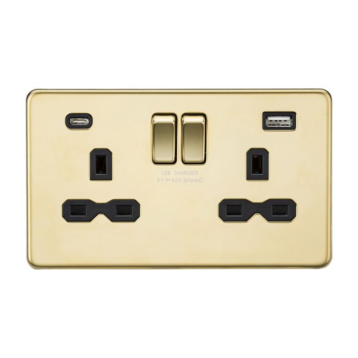 MLA-Knightsbridge Socket 2 Gang Dual USB A + C Charger Polished Brass with Black Insert