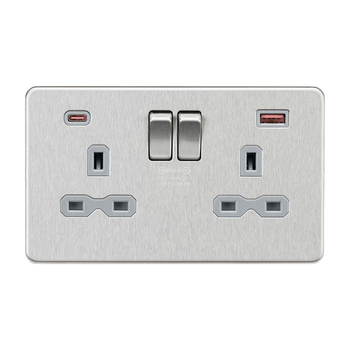MLA-Knightsbridge Socket 2 Gang  Dual USB Fastcharge Ports (A + C) Brushed Chrome  with Grey Insert