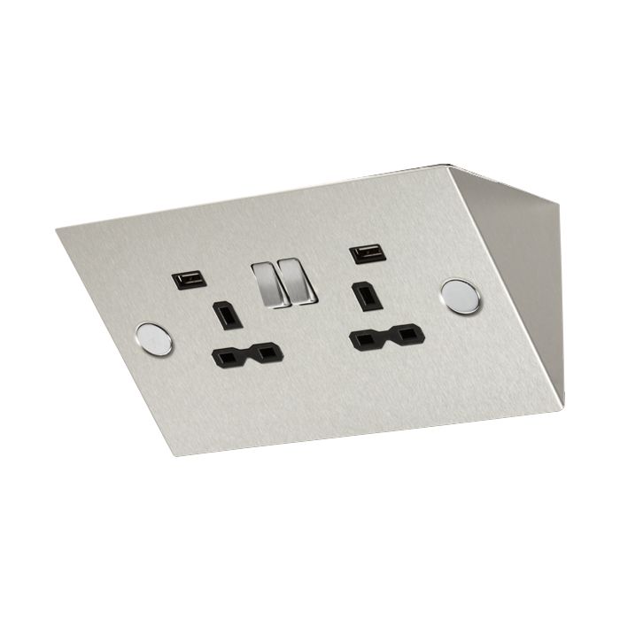 MLA Knightsbridge SKR002A Stainless Steel and Black Mounting 2G Switched Socket 13A with 2x USB 2.4A