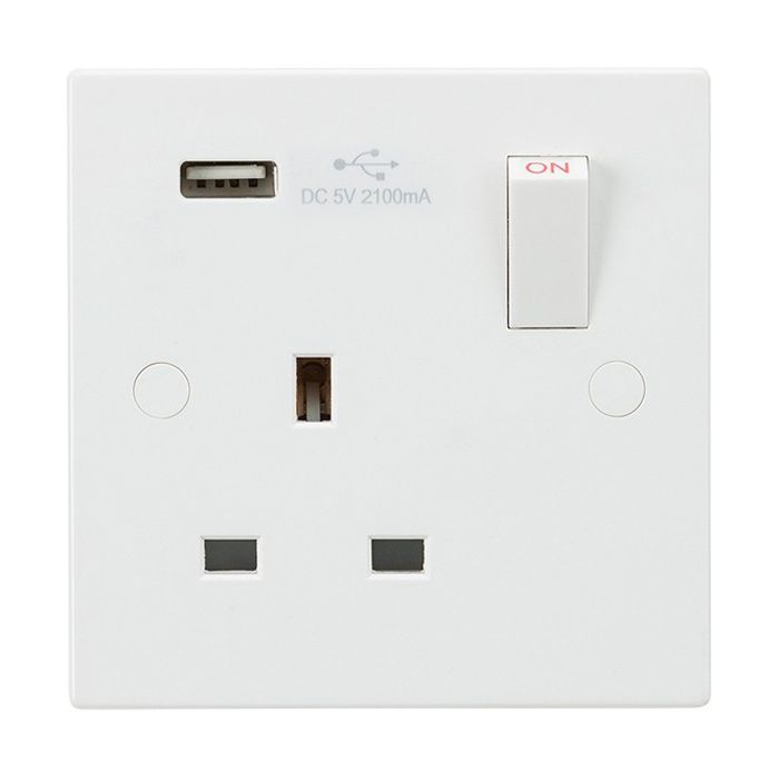 MLA Knightsbridge SN9903 (10 PACK) Square Edge White Plastic 1 Gang 13A Switched Socket w/ USB 2.1A