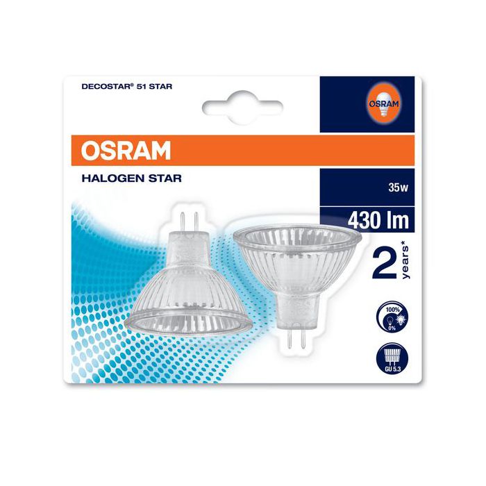 Osram Decostar 35W 12V Halogen MR16 38D 3000K Twin Pack