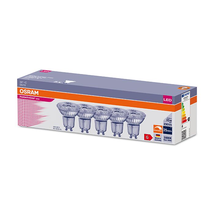 Osram Parathom 3.4W Dimmable LED GU10 Spot 36D 3000K 5 Pack