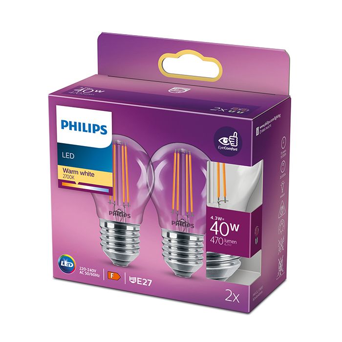 Philips Consumer LED 4.3w Clear Golfball ES/E27 827 Bulb Two Pack 
