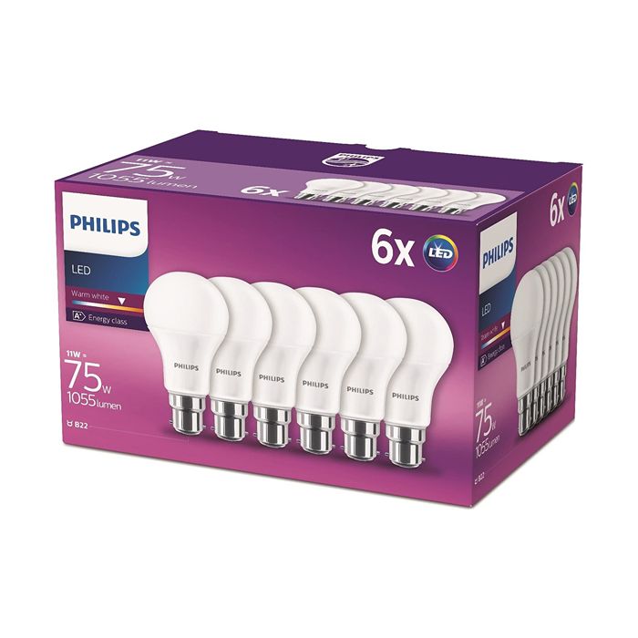 Philips CorePro LEDbulb ND 11-75W A60 B22 827 - 6 Pack