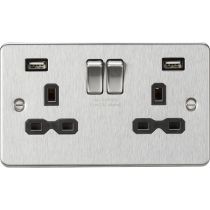MLA-Knightsbridge Flat Plate Socket 2 Gang Dual USB Charger (2.4A) Brushed Chrome  with Black Insert