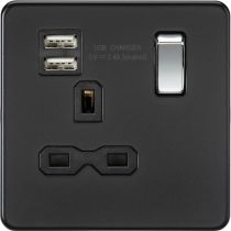 MLA-Knightsbridge Screwless Socket 1 Gang Dual USB Charger (2.4A) Matt Black  with Chrome Rocker