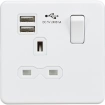 MLA-Knightsbridge Screwless Socket 1 Gang  with Dual USB Charger (2.4A) Matt White