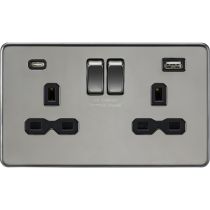 MLA-Knightsbridge Socket 2 Gang Dual USB A + C Charger Black Nickel  with Black Insert