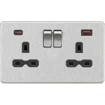 MLA-Knightsbridge Socket 2 Gang Dual USB Fastcharge Ports (A + C) Brushed Chrome  with Black Insert