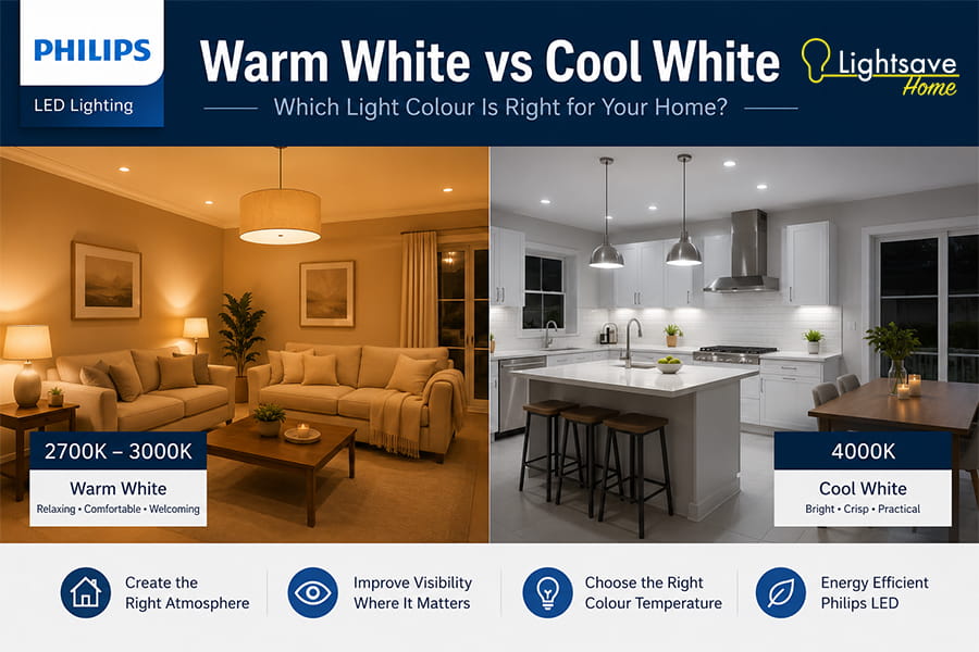 image showing the diffrence between Philips warm white and cool white LED bulbs in a domestic setting