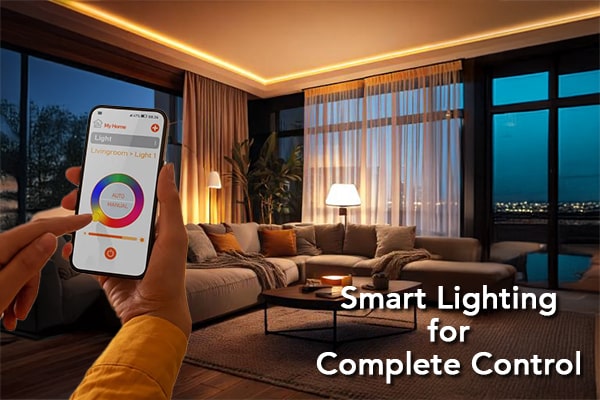 Smart Lighting for Complete Control Smart lights controlled by a mobile phone in a modern living room