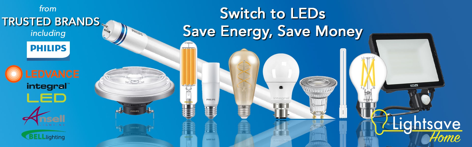 Energy-Efficient LED Bulbs LED bulbs arranged in a row with suppliers logos