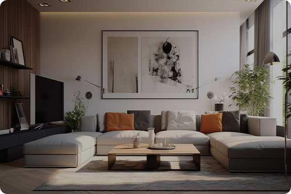 modern living with floor and table lamps and ceiling spotlights