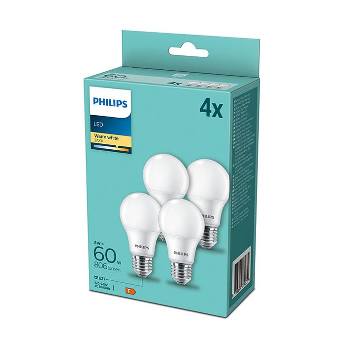 4 Pack Philips LED 8w E27 Frosted GLS/A60