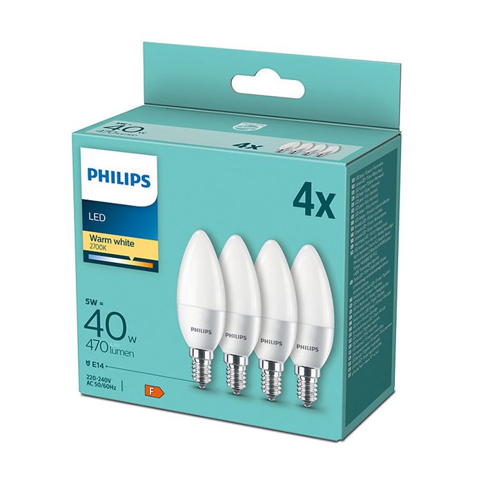 4 Pack Philips LED 5w Frosted Candle E14/SES