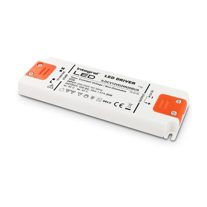 Integral 20W Constant Voltage LED Driver, 200-240VAC to 12VDC, Non-Dimmable
