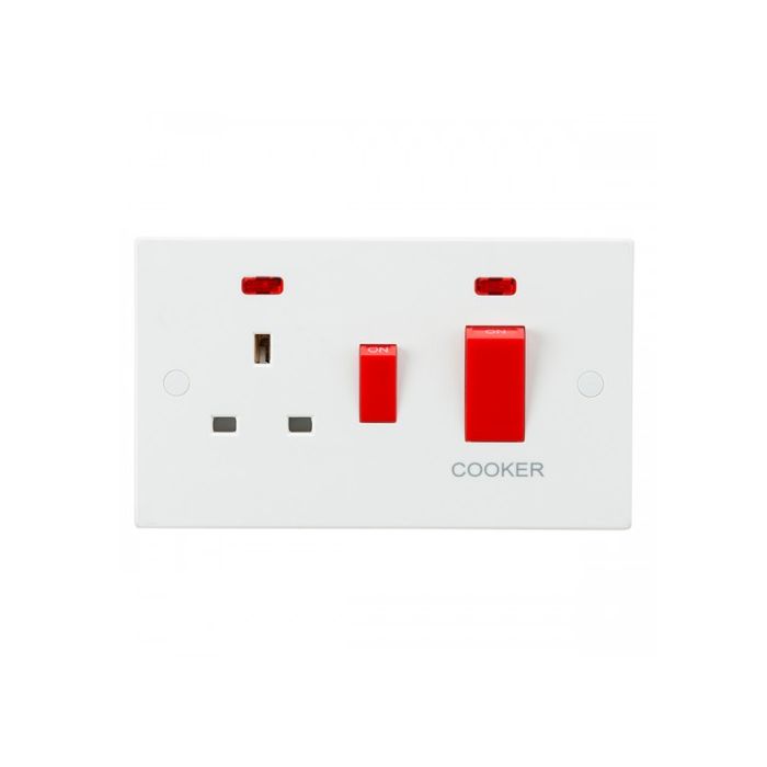 ML Knightsbridge SN8333N (5 PACK) Square White DP 45A Switch with 13A Socket & Neons Cooker Control Unit 